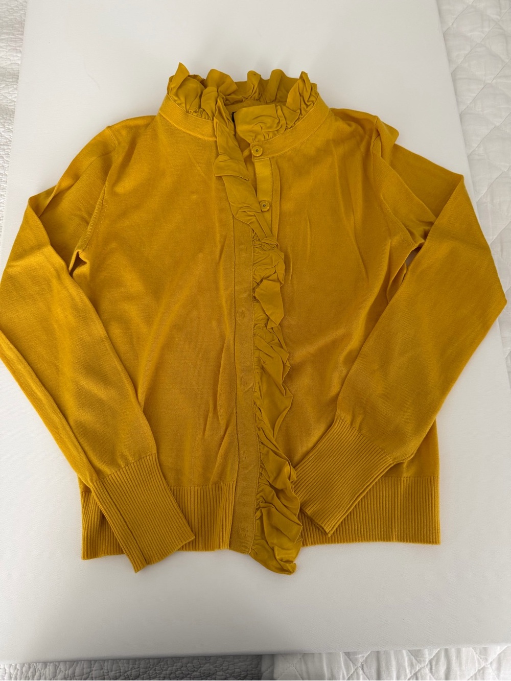 J. Crew Mustard Yellow Ruffle-Neck Cardigan